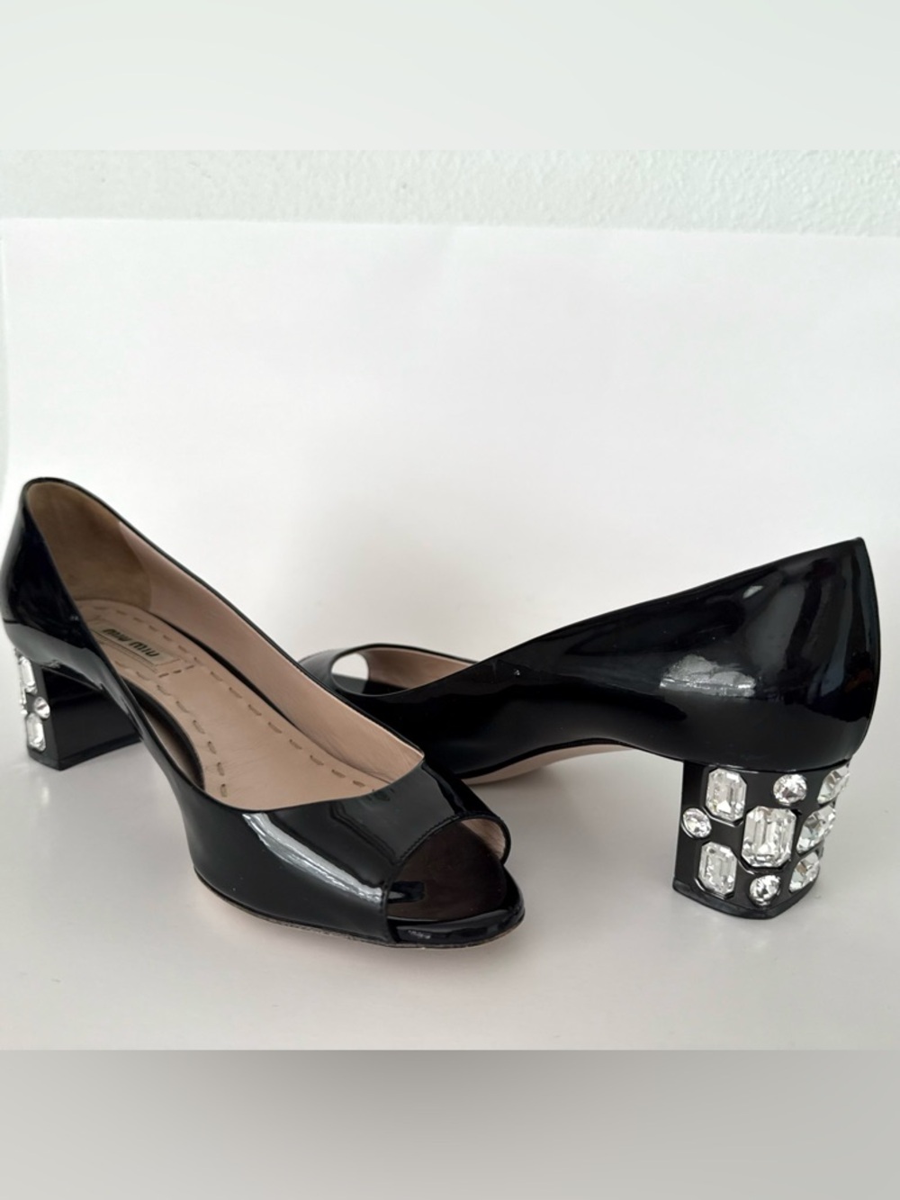 Miu Miu Black Patent Leather Crystal Embellished Block Heel Peep Toe Pumps